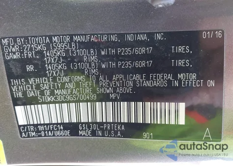 2016 Toyota Sienna Le 8 Passenger z USA, uszkodzony, nr VIN 5TDKK3DC9GS700499